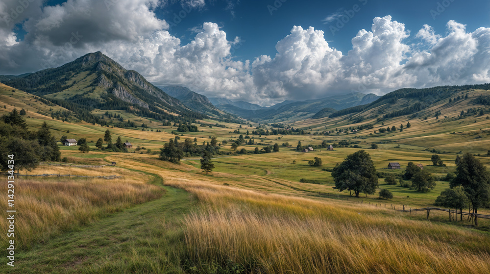 The image depicts a serene landscape with lush green fields, scattered trees, small houses, and towering mountains in the background