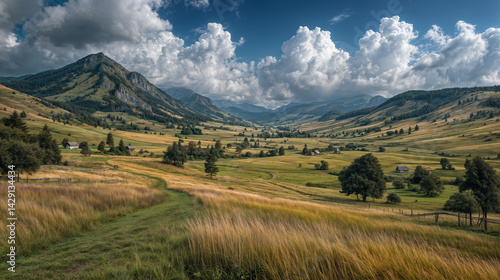 Obraz na płótnie The image depicts a serene landscape with lush green fields, scattered trees, small houses, and towering mountains in the background w salonie