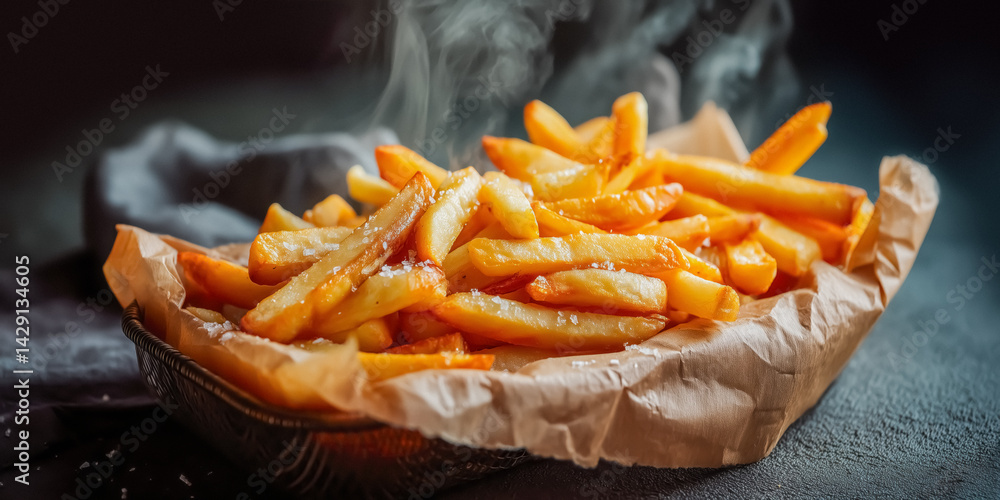 Hot french fries with steam rising, slightly salted, placed in a basket lined with parchment paper, appetizing and warm.