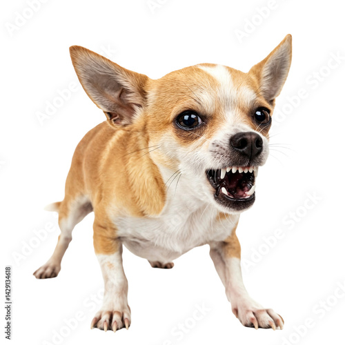 Small Dog with Big Attitude: A tiny, yet fierce, chihuahua bares its teeth in a display of canine determination, showcasing a bold personality.
