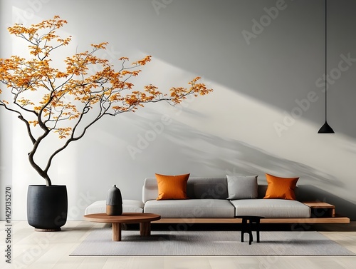 A stylish and inviting contemporary living space featuring a comfortable modular sectional couch subtle minimalist decor and a muted earth toned color scheme