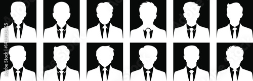 Professional businessman profile icons set. Portrait front view vector signs. Head and shoulders in formal wear with tie and court. Businessman faceless avatar isolated on transparent background.