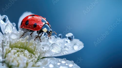 A ladybug is on a flower with water droplets on it