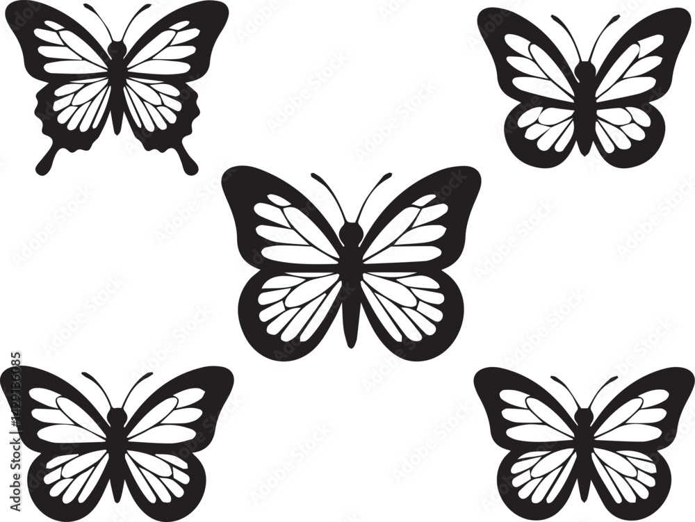 Obraz premium Five Black and White Butterflies Silhouettes set 