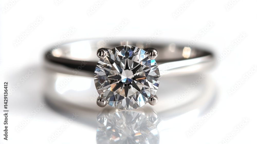 Diamond solitaire ring in macro view with sharp edges and sparkle, isolated on white background Diamond solitaire ring in macro view with sharp edges and sparkle, isolated on white background