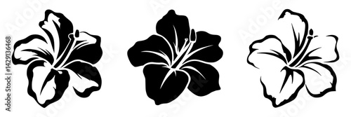 Vector set of black silhouettes of tropical hibiscus flowers isolated on a white background