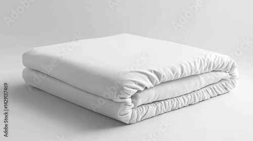 Neatly folded white fitted bed sheet, featuring an elastic edge, displayed on a white background for clarity