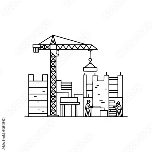 Construction site outline with workers and crane over buildings  