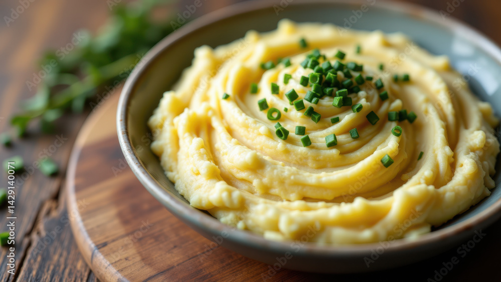 Creamy mashed potatoes topped with finely chopped parsley on a wooden table, ideal for keto diet meals. Creamy mashed potatoes topped with finely chopped parsley on a wooden table, ideal for keto diet meals.