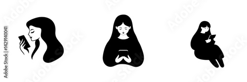 Engaging icons showcasing women using mobile devices in various postures and expressions for digital communication concepts