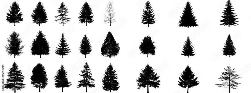 Fototapeta premium Variety of tree icon vector illustrations showcasing different shapes and forms for design applications
