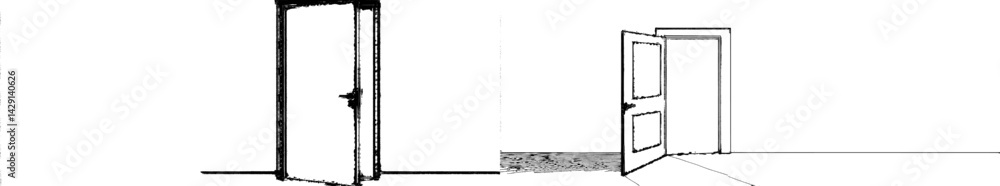 Illustration of open doors symbolizing opportunities and choices in a minimalistic style Illustration of open doors symbolizing opportunities and choices in a minimalistic style