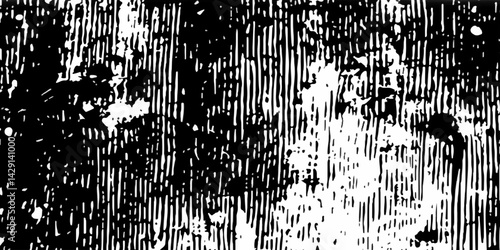contrast black and white grunge texture vertical scratch lines with abstract noise, woodcut printmaking style, distressed ink blot effects