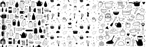 Kitchen utensils and food items illustrated in a fun and playful vector design for creative projects