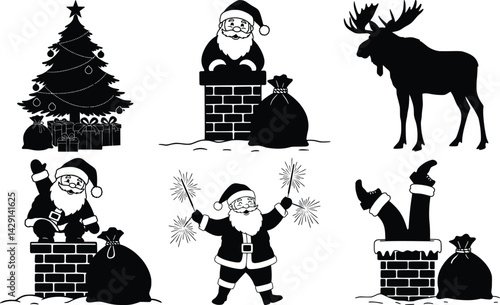 Christmas silhouettes featuring santa in chimney, festive reindeer, decorated tree, and sparklers