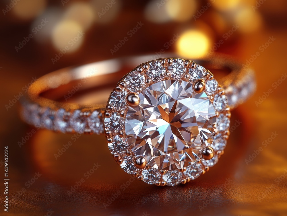 Fototapeta premium Elegant rose gold engagement ring with sparkling diamond in soft bokeh background