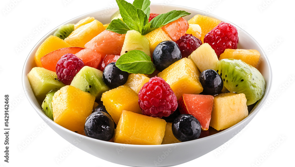 Fresh fruit salad with mixed berries, kiwi slices, melon chunks, mint garnish, healthy food, vibrant colors, juicy, isolated PNG, transparent background Fresh fruit salad with mixed berries, kiwi slices, melon chunks, mint garnish, healthy food, vibrant colors, juicy, isolated PNG, transparent background