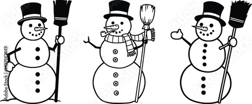 Snowman trio with top hats and brooms in classic winter silhouette