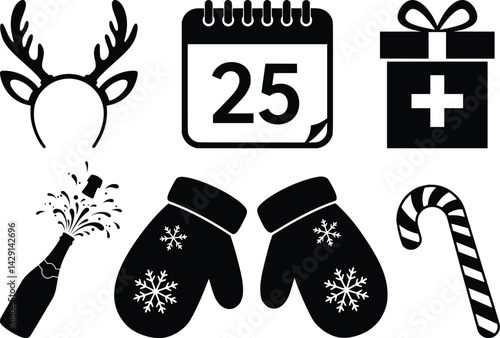 Christmas icons featuring reindeer headband, gift box, mittens, candy cane, popping bottle, and calendar