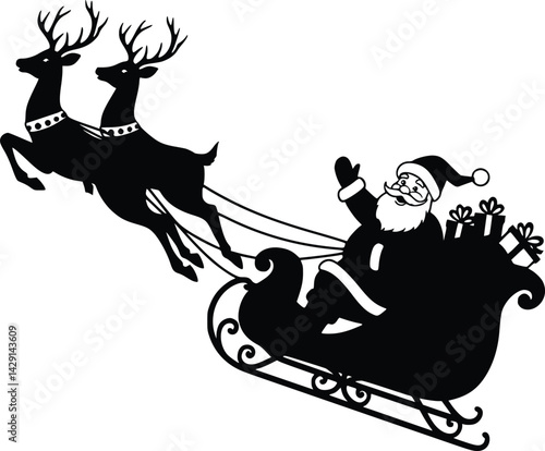 Santa claus in sleigh with reindeer delivering gifts in classic christmas scene