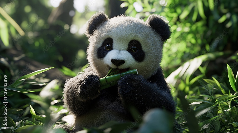 Obraz premium Panda cub eating bamboo in lush forest. Use Children's book illustration