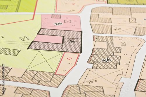 Imaginary Zoning Ordinance, General Urban Plan with indications of urban destinations with buildings, buildable areas, land plot and real estate land property