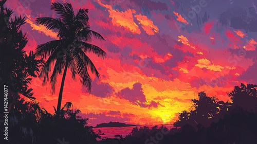 Vivid hues of orange, pink, and purple paint the sky as the sun sets behind a tropical landscape. Silhouettes of palm trees frame the scene, creating a peaceful atmosphere