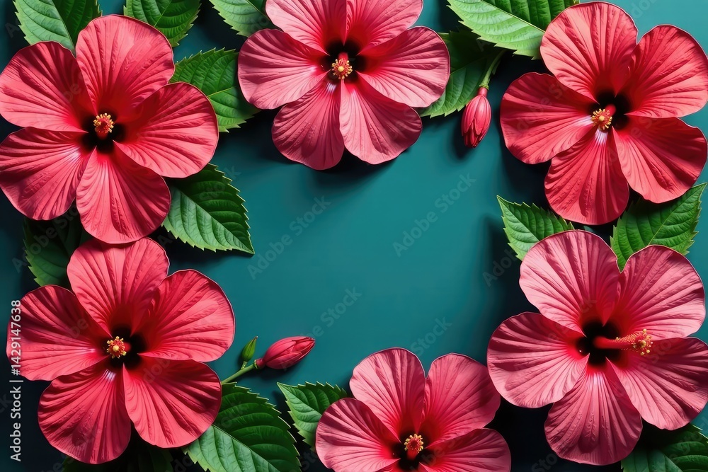 Bold hibiscus blooms arranged in a square lattice , seamless, repeat Bold hibiscus blooms arranged in a square lattice , seamless, repeat