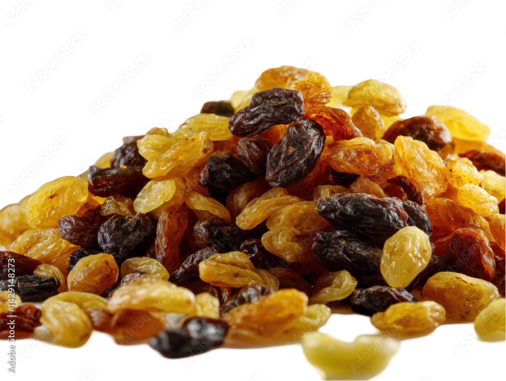 A pile of mixed raisins isolated over png transparent background A pile of mixed raisins isolated over png transparent background