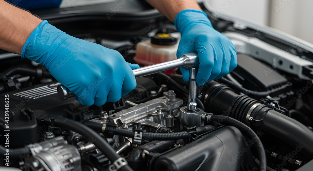 custom made wallpaper toronto digitalClose Up of Mechanic Hands in Blue Gloves Repairing Car Engine with Wrench Tool in Automotive Repair Shop