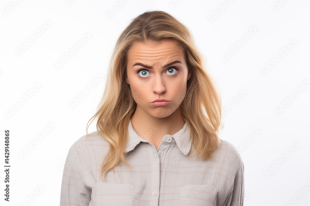 Confused Woman's Portrait on White Background for Mockup Design and Social Media Illustration Confused Woman's Portrait on White Background for Mockup Design and Social Media Illustration