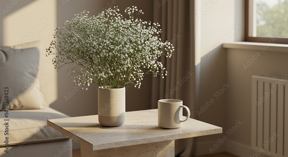 Fototapeta premium Serene Morning Sunlight Illuminates Simple Home Decor Featuring a Delicate Flower Arrangement and a Warm Mug of Coffee on a Cozy Side Table