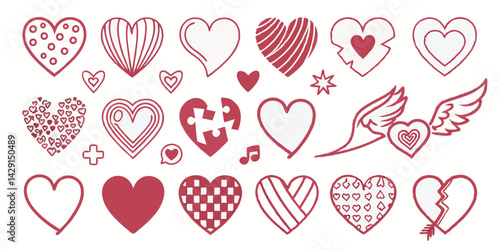 Hand drawn heart shapes assortment romantic valentines day elements vector illustration