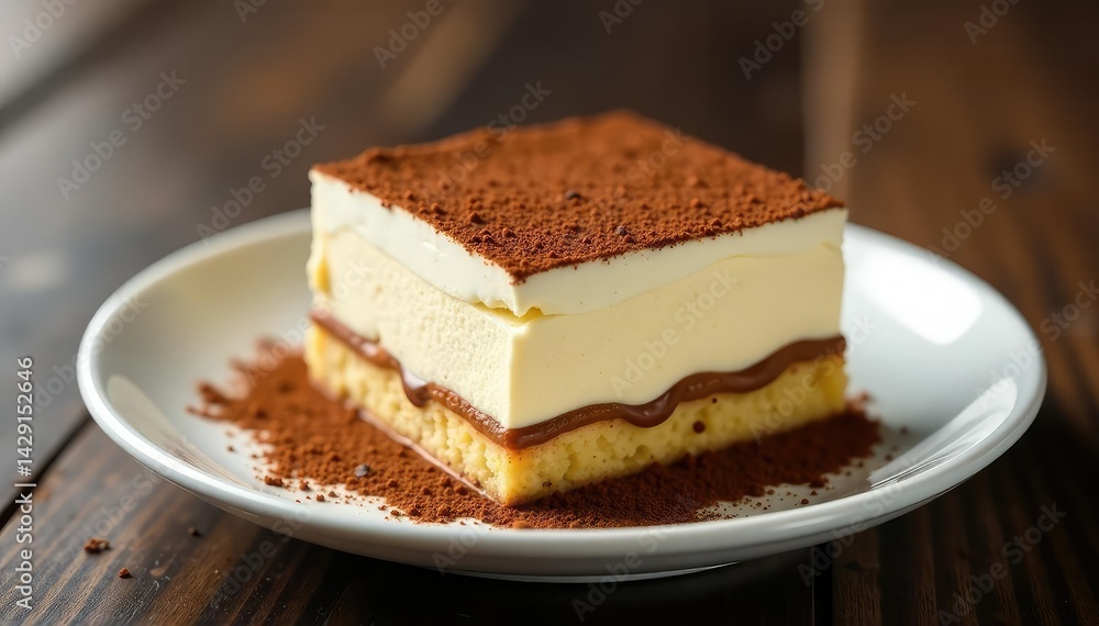Individual tiramisu portion, rich coffee flavor, delicate texture , ladyfingers, high angle, single serving Individual tiramisu portion, rich coffee flavor, delicate texture , ladyfingers, high angle, single serving