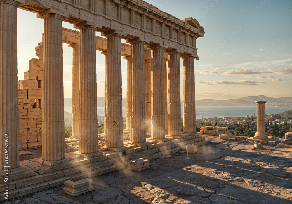 Fototapeta premium Majestic Ancient Greek Columns at Sunset Over the Aegean Sea