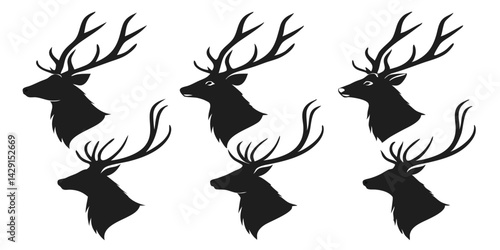 Silhouettes set of deer head isolated on white background vector images art icons