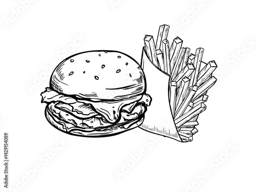 Monochrome burger and French fries in paper package black ink vector illustration. Etching drawing of beef patty with lettuce, tomato, onion in sesame bun and fried potato. Fast food line art style
