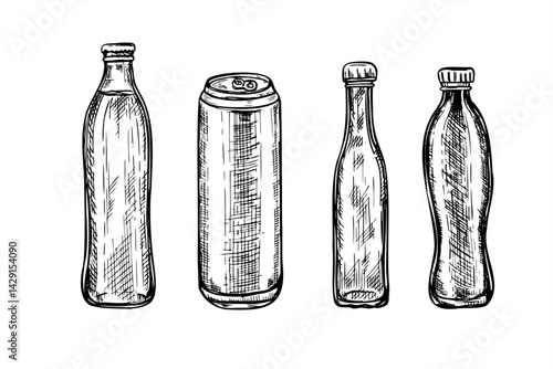 Vector monochrome glass bottles and aluminum beverage can set line ink illustration in black and white. Etching drawing of bottles for water, juice, beer. Clip art elements for branding, party design