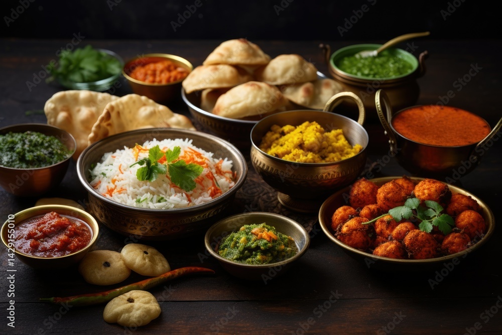 Aromatic Indian feast featuring rice, naan bread, various curries, and flavorful appetizers. Aromatic Indian feast featuring rice, naan bread, various curries, and flavorful appetizers.