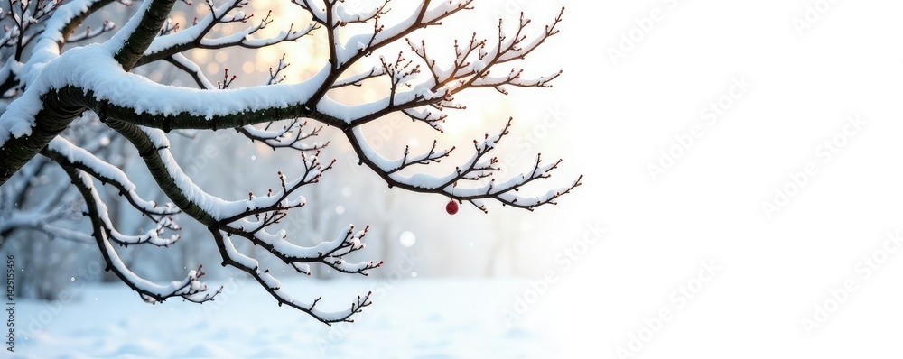 Fototapeta premium Isolated tree branches on a snowy white background, foliage, snowy, nature