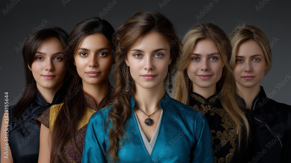 captivating portrait of five multicultural women showcasing diverse beauty and styles, each wearing elegant traditional attire that reflects their unique heritage captivating portrait of five multicultural women showcasing diverse beauty and styles, each wearing elegant traditional attire that reflects their unique heritage