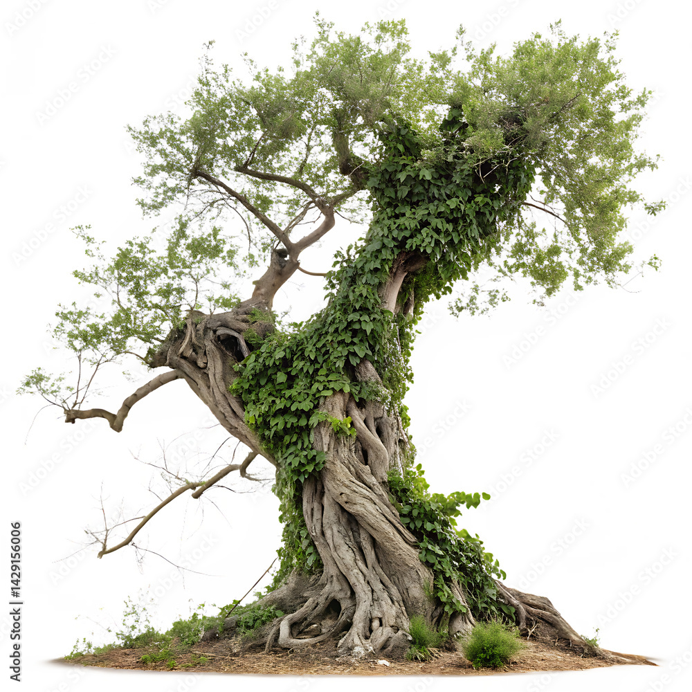 Fototapeta premium Old ivy covered tree isolated on white background nature concept