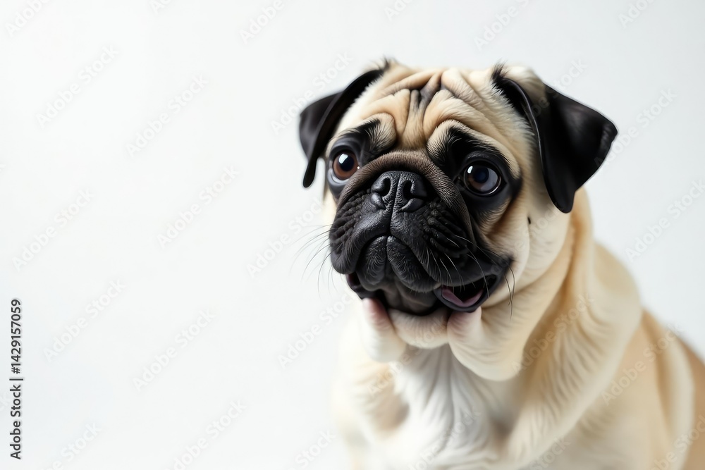 Single pug, attentively looking at camera, pure white backdrop , attentive, portrait, pet photography Single pug, attentively looking at camera, pure white backdrop , attentive, portrait, pet photography
