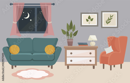 Flat vector illustration of a cozy living room interior in a modern style with an armchair, sofa, chest of drawers, lamp, houseplant and a large window with a scenic view. Ideal for interior design co