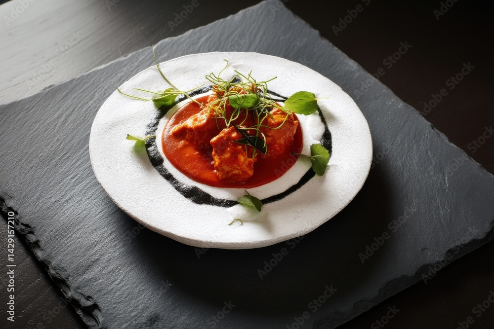 Elegant gourmet dish with meat in red sauce and artistic vegetable garnish on white plate
Elegant gourmet dish with meat in red sauce and artistic vegetable garnish on white plate