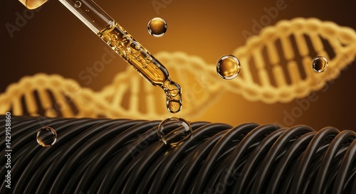 Wallpaper Mural Elegant dropper dispensing golden serum onto black hair strand with DNA helix and glowing particles Torontodigital.ca