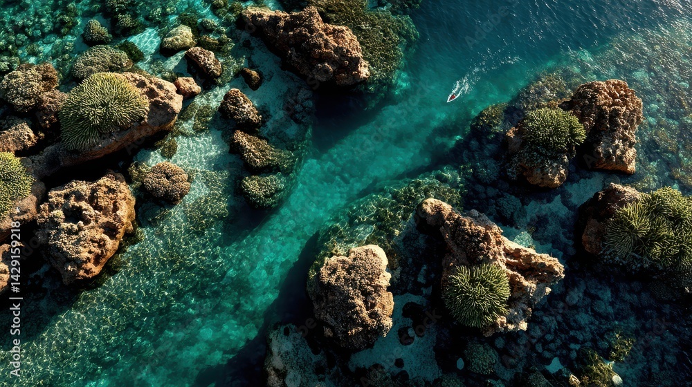 Fototapeta premium Midday light tropical coastline concept. Aerial view of rocky formations in clear turquoise waters.