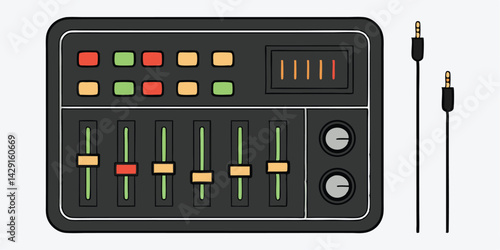 Audio Mixer Control Panel with Volume Sliders and Knobs Vector Illustration with Connecting Cables
