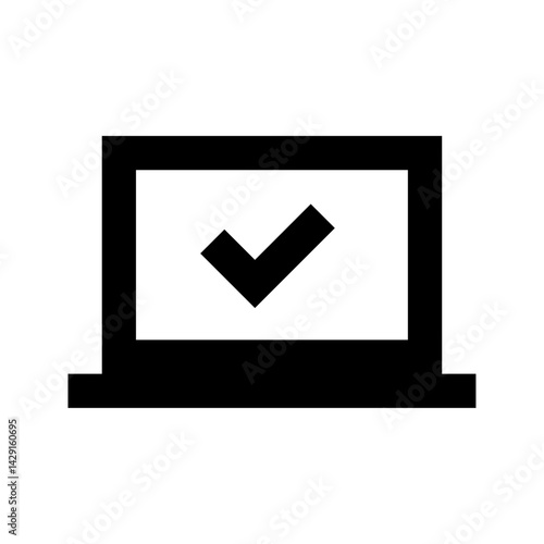 Black and white laptop icon with check mark displayed on the screen in a simple and modern design style