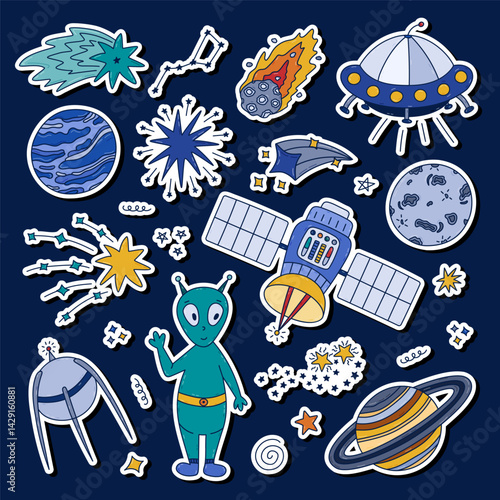 Cute colorful doodle sticker set about, astronomy for planners, notebooks, digital diary. Ready for print list of childish stickers with alien,, satellite, planet Neptune, Big Dipper.